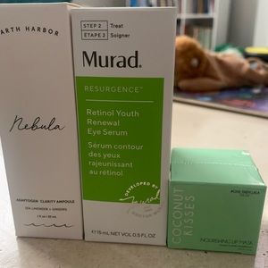 Eye renewal serum, nourishing lip mask, and skin treatment